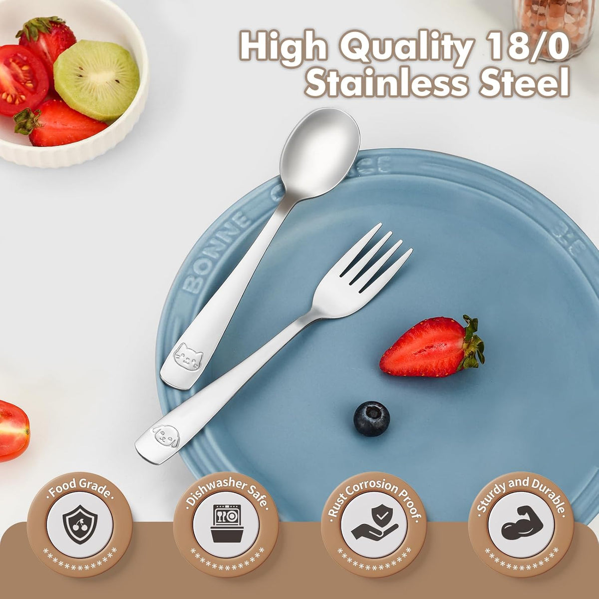 DRKIO Stainless Steel Toddler Utensils Set - 12 Pieces Kids Silverware Set Children Safe Food Grade Small Forks and Spoons Dishwasher Safe Mirror