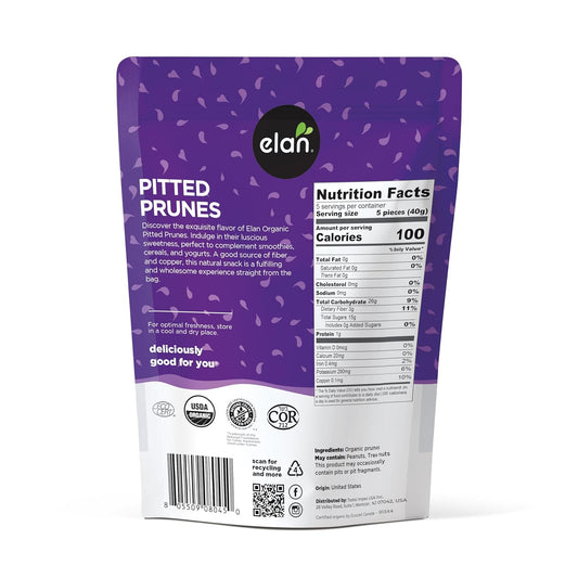 Elan Organic Pitted Prunes, 7.9 oz, Natural Dried Fruit, No Sugar Added, Sulphite-free, Non-GMO, Vegan, Gluten-Free, Kosher, Healthy Snack, Dried