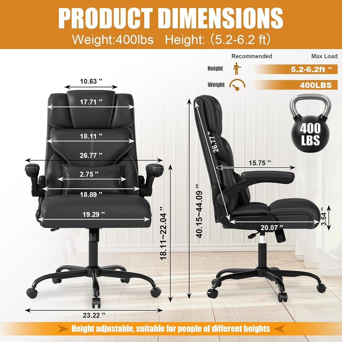 Executive Office Chair with Flip-up Armrests,Ergonomic Computer Desk Chairs,Mid-Tall Back Leather Office Chair 400 Lbs,Lumbar Support Swivel PC Chair