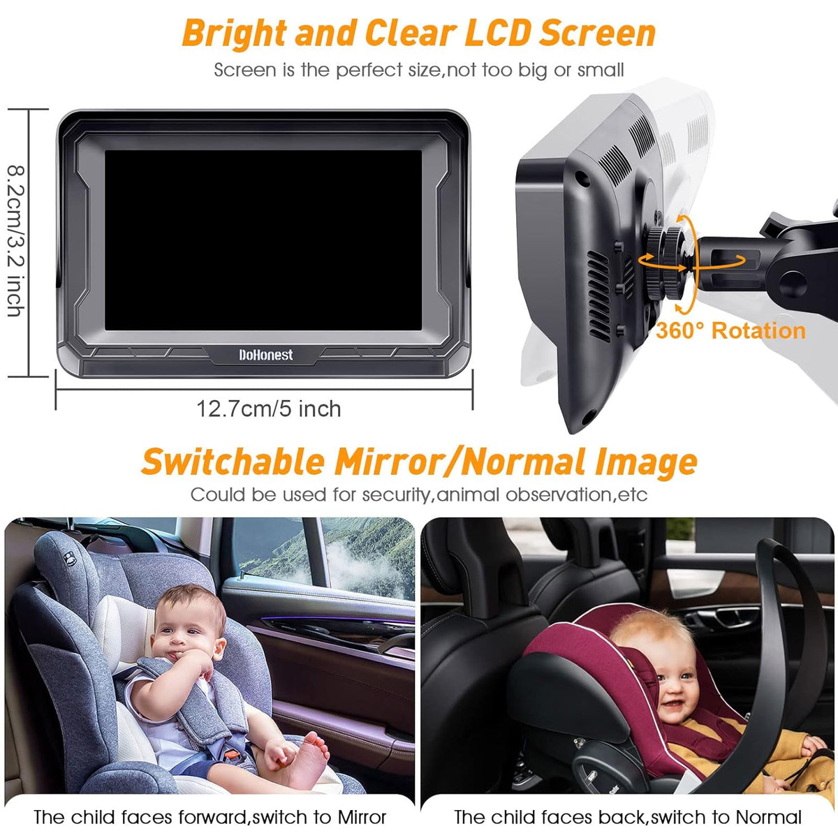 DoHonest Baby Car Camera HD 1080P - Rear-Facing Car Baby Monitor with Night Vision, Adjustable View Angle, Easy Setup, Anti-Glare Display, Safety