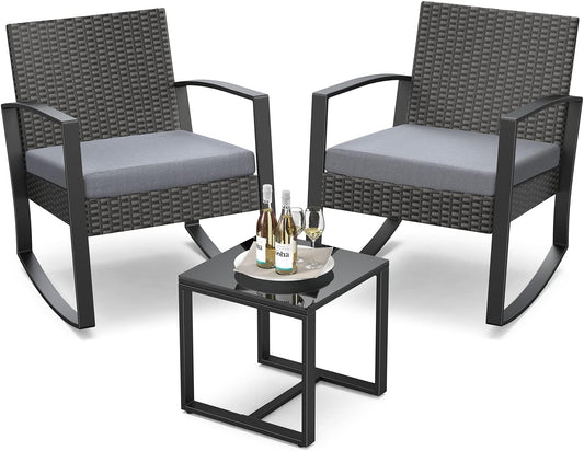 3 Pieces Outdoor Patio Furniture Set Rocking Bistro Set Outdoor Rattan Conversation with Coffee Table for Garden Balcony Backyard Poolside (Grey