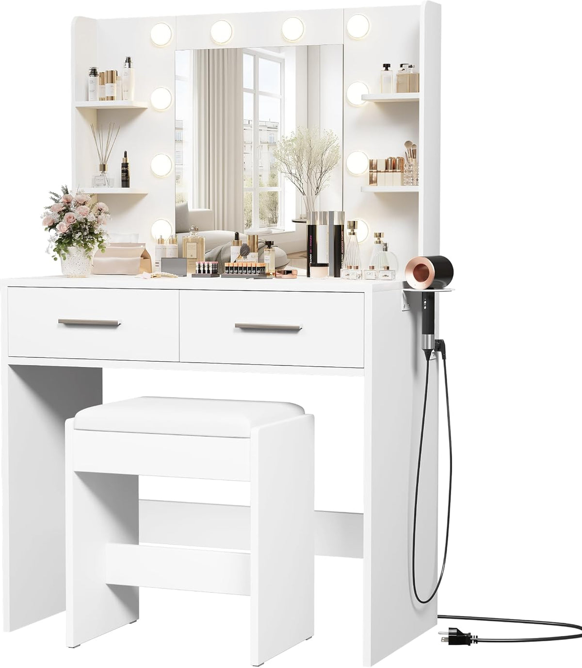 Furmax Make up Vanity Desk with Mirror and Power Outlet, Vanity with 3 Color Light Options Adjustable Brightness,Vanity Desk with 2 Drawers, 6