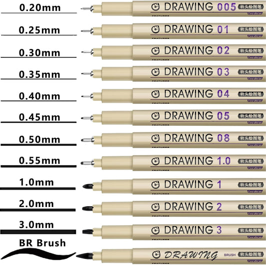 Muchcute Micro Fineliner Drawing Art Pens: 12 Black Fine Line Waterproof Ink Set Artist Supplies Archival Inking Markers Liner Sketch Outline Anime