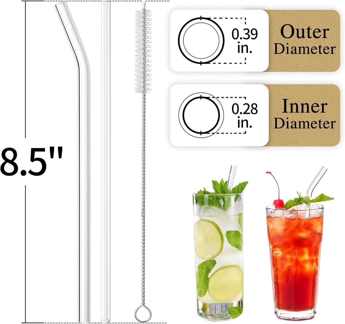 Piteno® 16-Pack Reusable Glass Straws Set, Clear Glass Drinking Straws, 8.5''x10MM, Set of 6 Straight and 6 Bent with 4 Cleaning Brushes, Perfect for