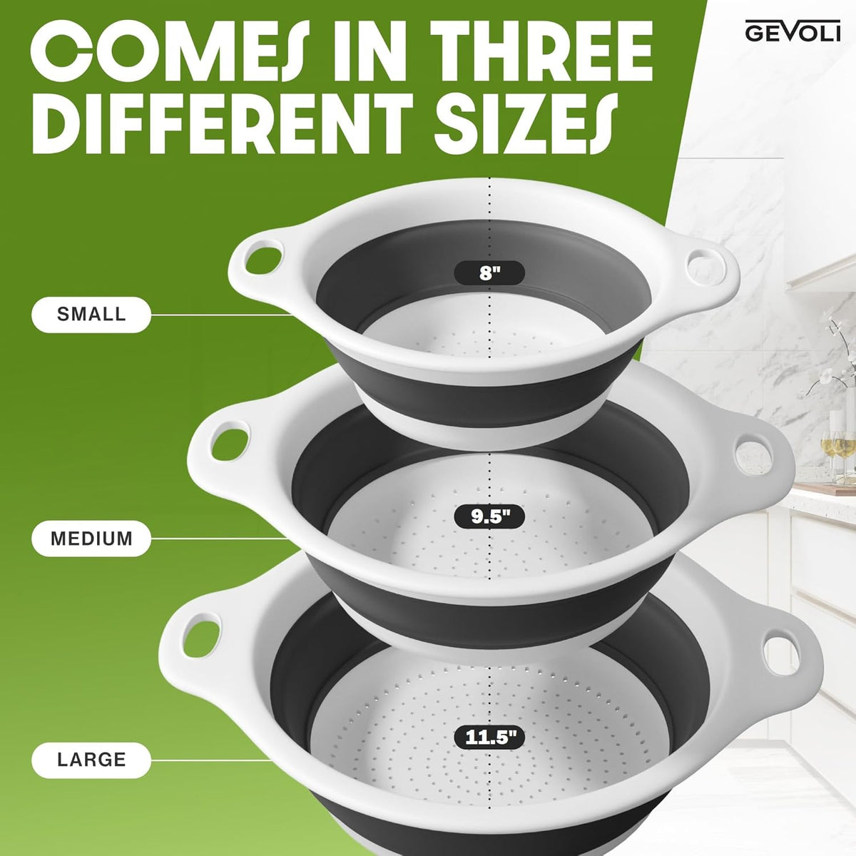 Collapsible Colanders (3 Pack Set) Food Strainers with Over-Sink Water Draining Base for Pasta Fruits and Vegetables (Patent Pending) White (3 Sizes
