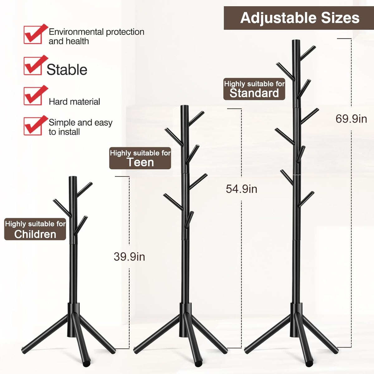 Coat Rack, Freestanding Coat Rack with 8 Hooks and 3 Adjustable Size Tree Coat Racks for Bedroom, Hallway, Entrance, Office, for Hats, Coats
