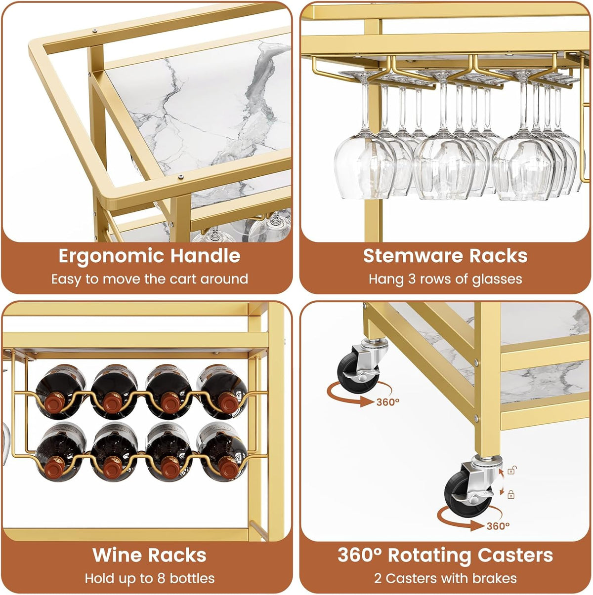 Leteuke Bar Cart for Home, 3 Tier Gold Serving Rolling Carts with Wheels, Drink Cart, Liquor Stand with Marbled Wooden Shelves, Wine Rack and Glass