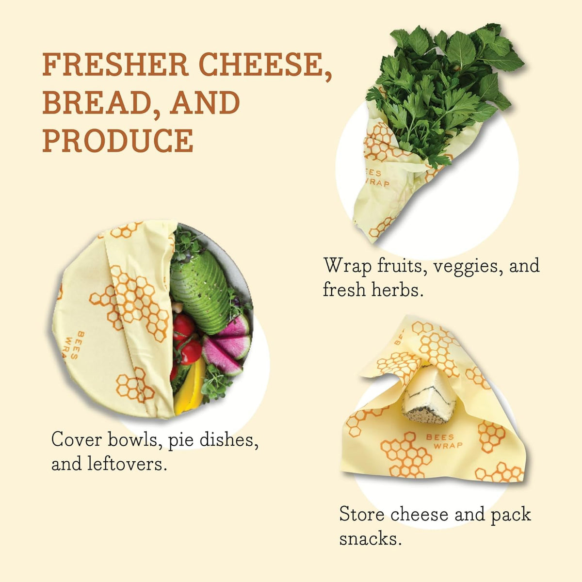 Bee's Wrap Beeswax Wraps for Food - Honeycomb 3 Pack (S, M, L) Made in USA Reusable & Organic Food Wraps, Sandwich Wrap & Bowl Covers - Eco-Friendly