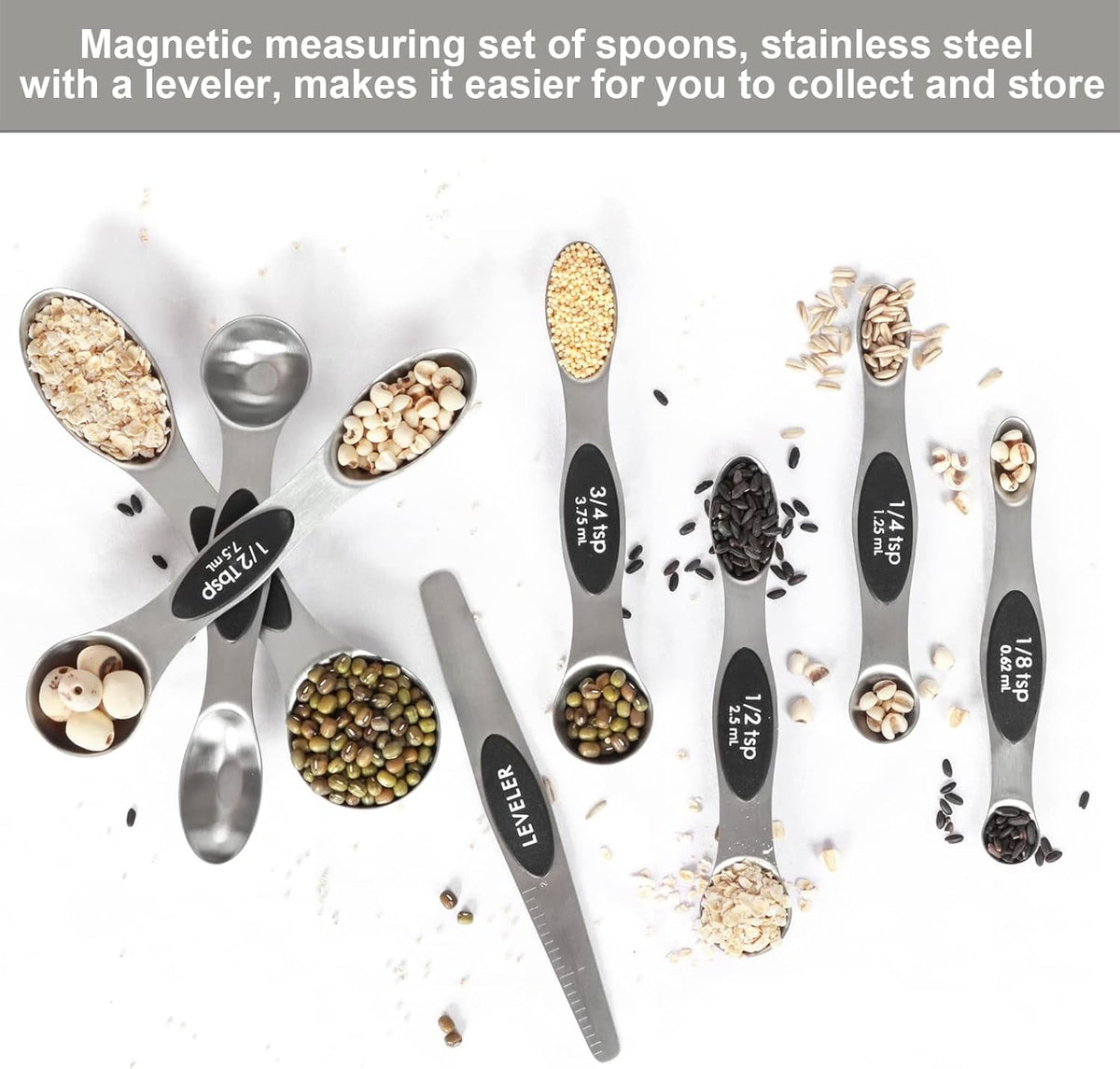 Magnetic Measuring Spoons Set Stainless Steel with Leveler, Stackable Metal Tablespoon Measure Spoon for Baking, Cups and Spoon Set Kitchen Gadgets