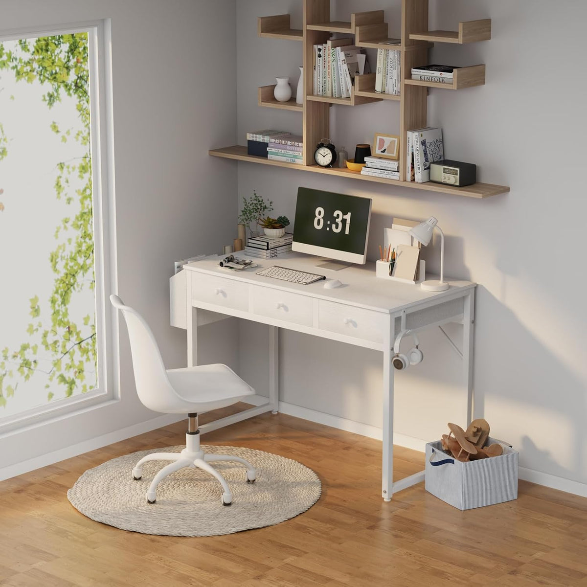 Lufeiya Small White Computer Desk with Fabric Drawers for Home Office Bedroom, 40 Inch Vanity Desk with Drawer Storage and Side Pouch, Study Writing