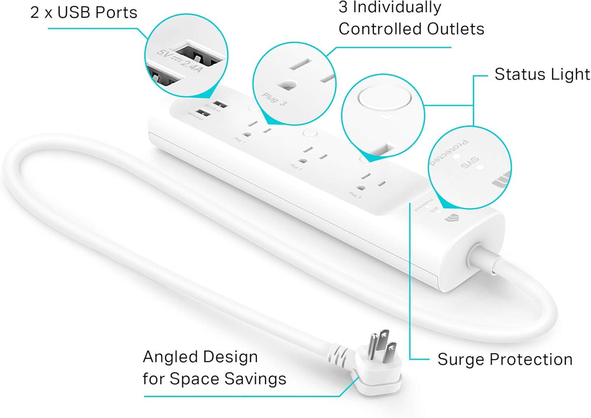 Kasa Smart Plug Power Strip KP303, Surge Protector with 3 Individually Controlled Smart Outlets and 2 USB Ports, Works with Alexa & Google Home, No
