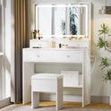 Haewon Vanity Desk with Mirror and LED Lights, White Makeup Vanity with Power Outlet, Storage Drawers and Chair, Dressing Table Set for Bedroom