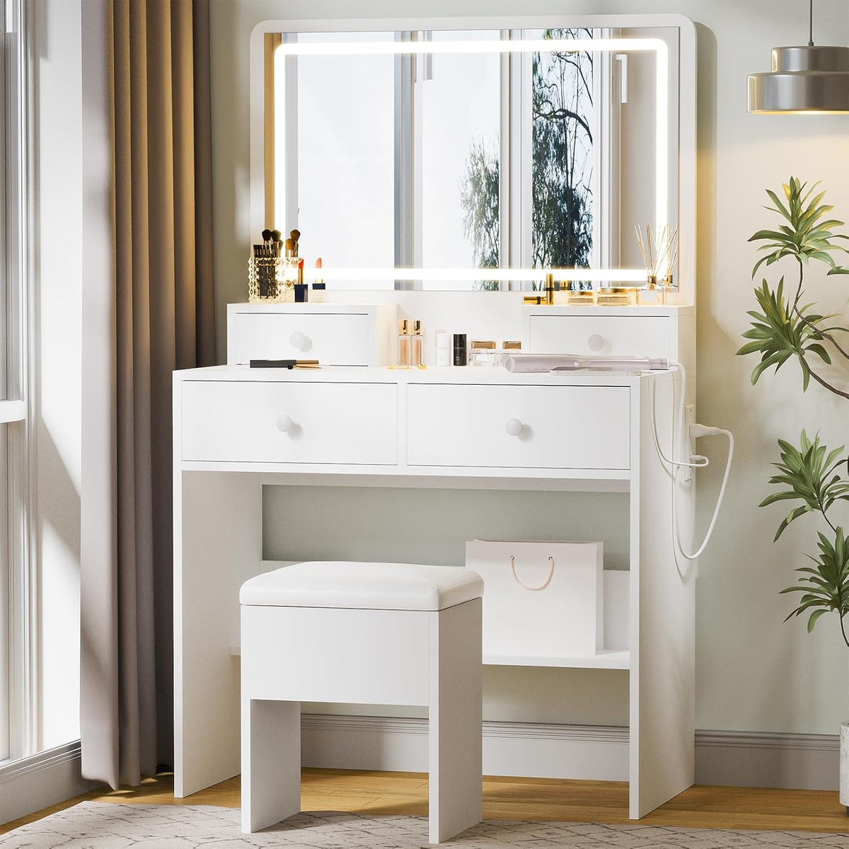 Haewon Vanity Desk with Mirror and LED Lights, White Makeup Vanity with Power Outlet, Storage Drawers and Chair, Dressing Table Set for Bedroom
