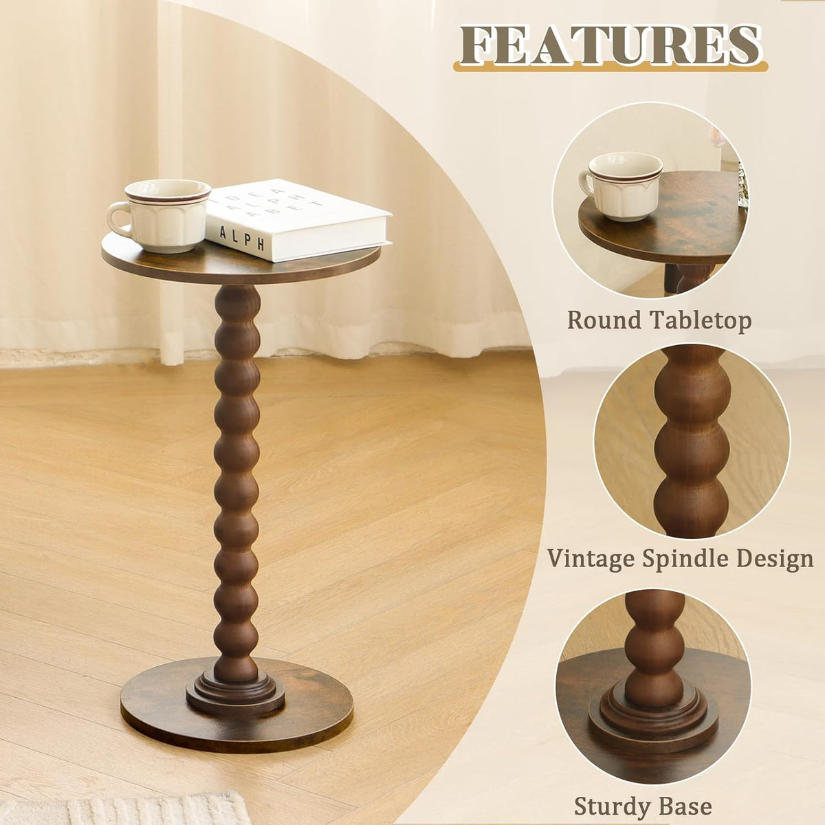 Round Side Table, Small Drink Table for Small Spaces, Modern Accent Nightstand with Solid Wood Leg for Living Room, Bedroom, Corners, and Office