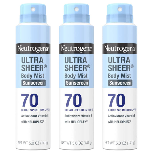 Neutrogena Ultra Sheer Body Mist Sunscreen Spray, Broad Spectrum SPF 70, Lightweight Spray Sunscreen, Non-Greasy & Water Resistant, Oil-Free