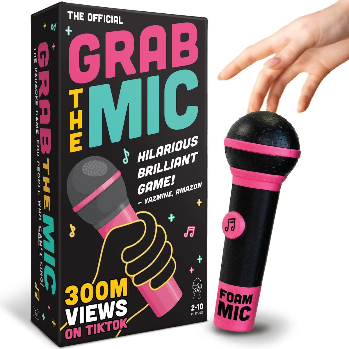 Lucky Egg Official Grab The Mic – Family Karaoke Board Game w/Foam Mic, 8+ Ages, 2-10 Players - Games for Bad Singers w/ 240 Lyrics (120 Cards)