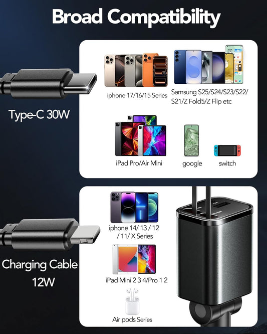 Retractable Car Charger Adapter for iPhone 17,4 in 1 Fast Charging Car Phone Charger,69W USB C Car Truck Accessories,Road Trip Essentials Gift for