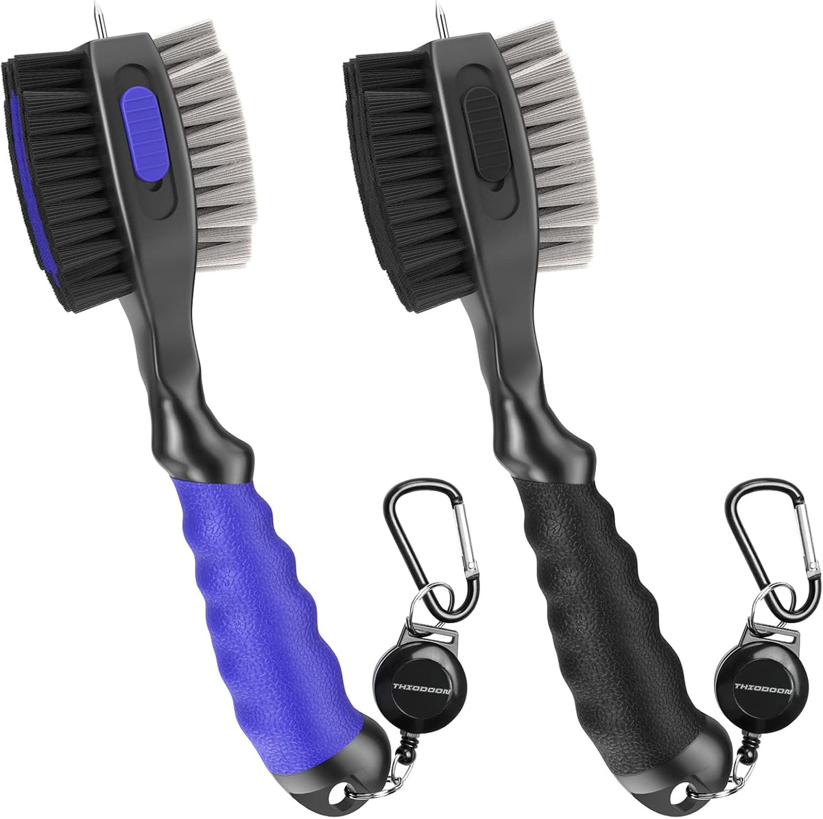 THIODOON 2 Pack Golf Club Brushes and Groove Cleaner 2 ft Retractable Zipline Carabiner Golf Brush Head with Retractable Spike Comfortable Grip Golf