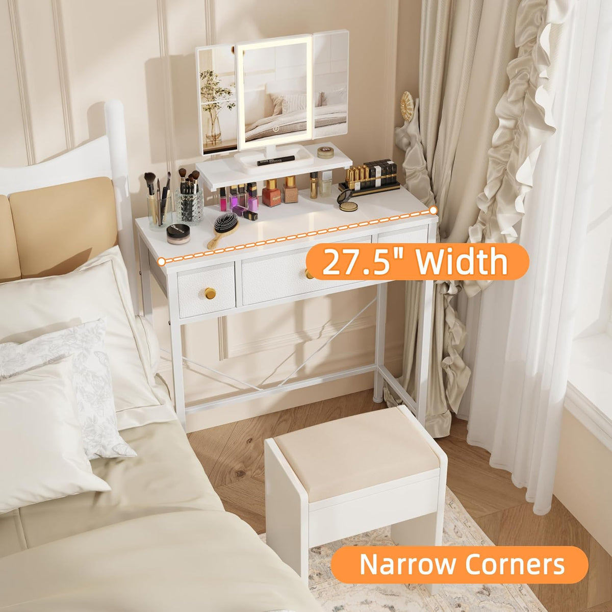 Small Makeup Vanity Desk 27.5''W with Mirror and Lights, Vanity Desk with 3 Fabric Drawers and Height-Adjustable Stand, Vanity Table for Girls Gifts