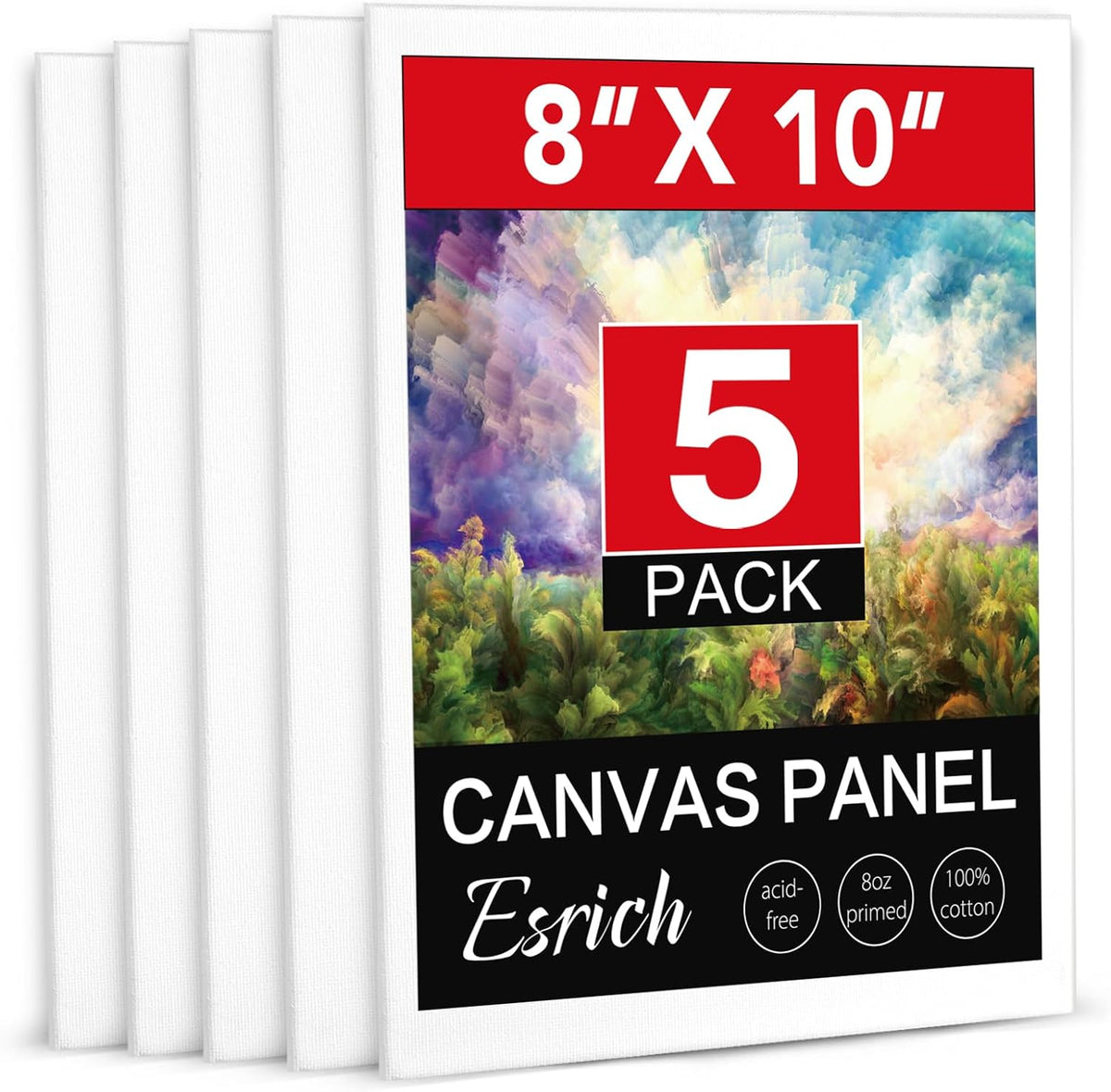 ESRICH Canvas Boards for Painting, 5 Pack Canvases for Painting 8x10 Cotton Primed Acid Free Blank Canvas Panels for Oil Paint, Watercolor, Acrylic