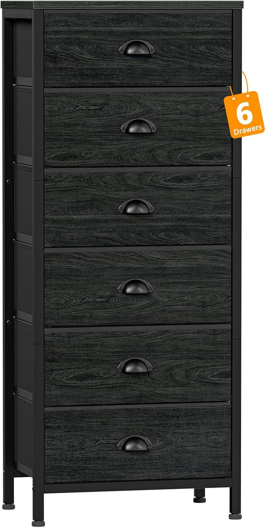 Furnulem Tall Dresser with 6 Drawers,Vertical Bedside End Table & Chest for Bedroom,Black Storage Tower Dorm Nightstand with Fabric Drawer Organizer