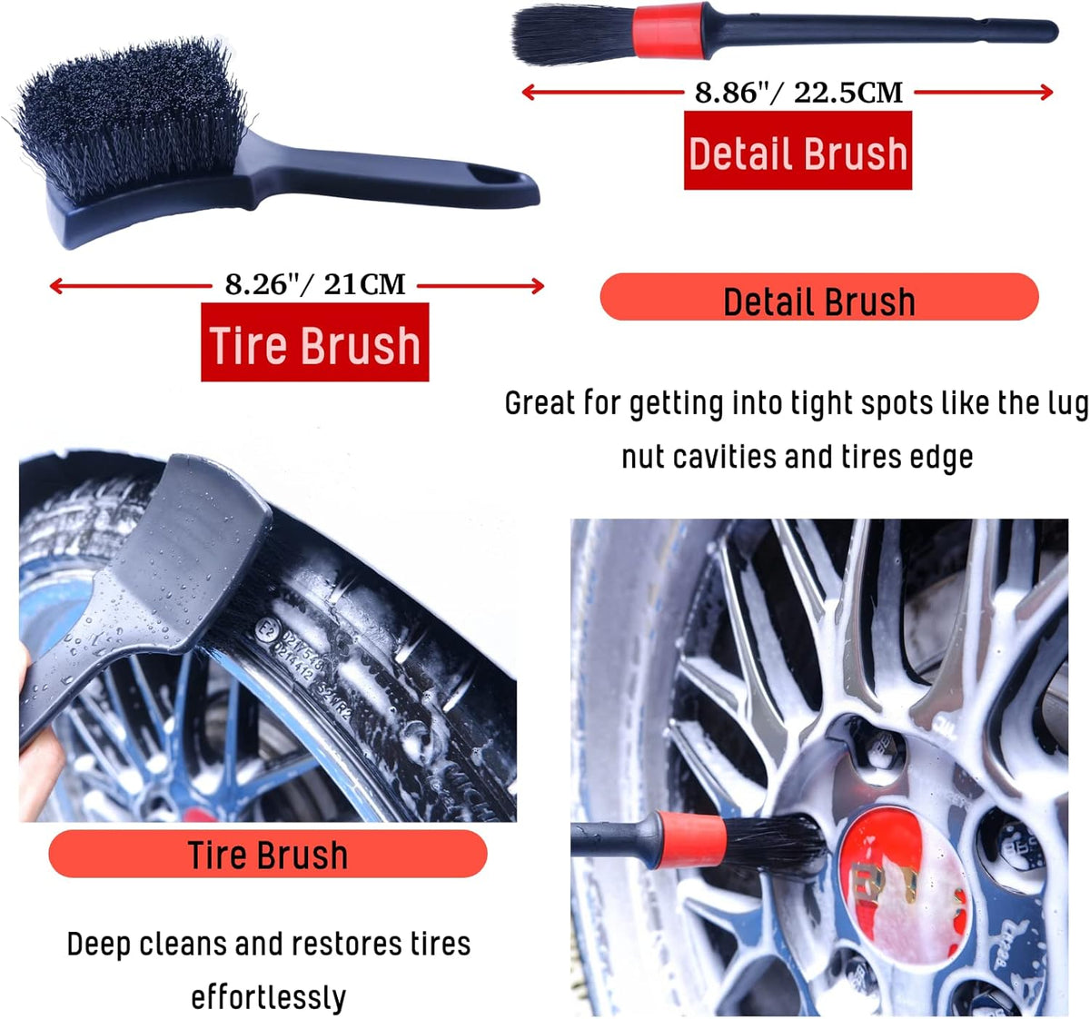 Professional 4 Pack Long Handle Wheel Brush Kit for Cleaning Wheel and Tire- 2X Soft Wheel Cleaning Brush, Detailing Brush and Stiff Tire Brush