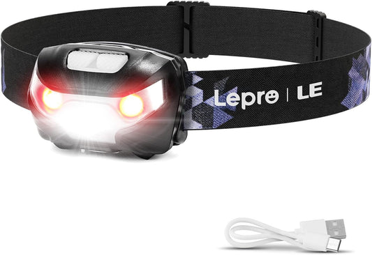 Lepro LED Headlamp Rechargeable - Super Bright Head Lamp with 5 Modes for Camping & Hiking Gear Essentials, IPX4 Waterproof Headlight Flashlight with