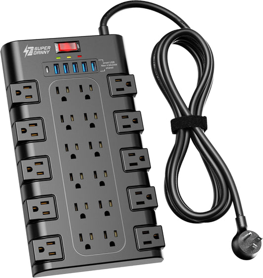 Power Strip, SUPERDANNY Surge Protector with 22 AC Outlets and 6 USB Charging Ports, 1875W/15A, 2100 Joules, 6.5Ft Flat Plug Heavy Duty Extension
