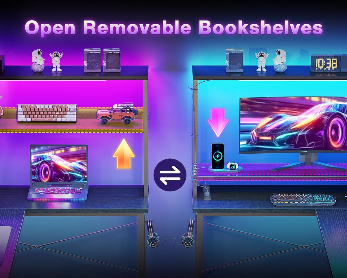 ODK 53 Inch L Shaped Desk with LED Lighting, Reversible Gaming Desk with Power Outlets, Cornor Computer Table with Storage Shelves & Bag & Iron Hook