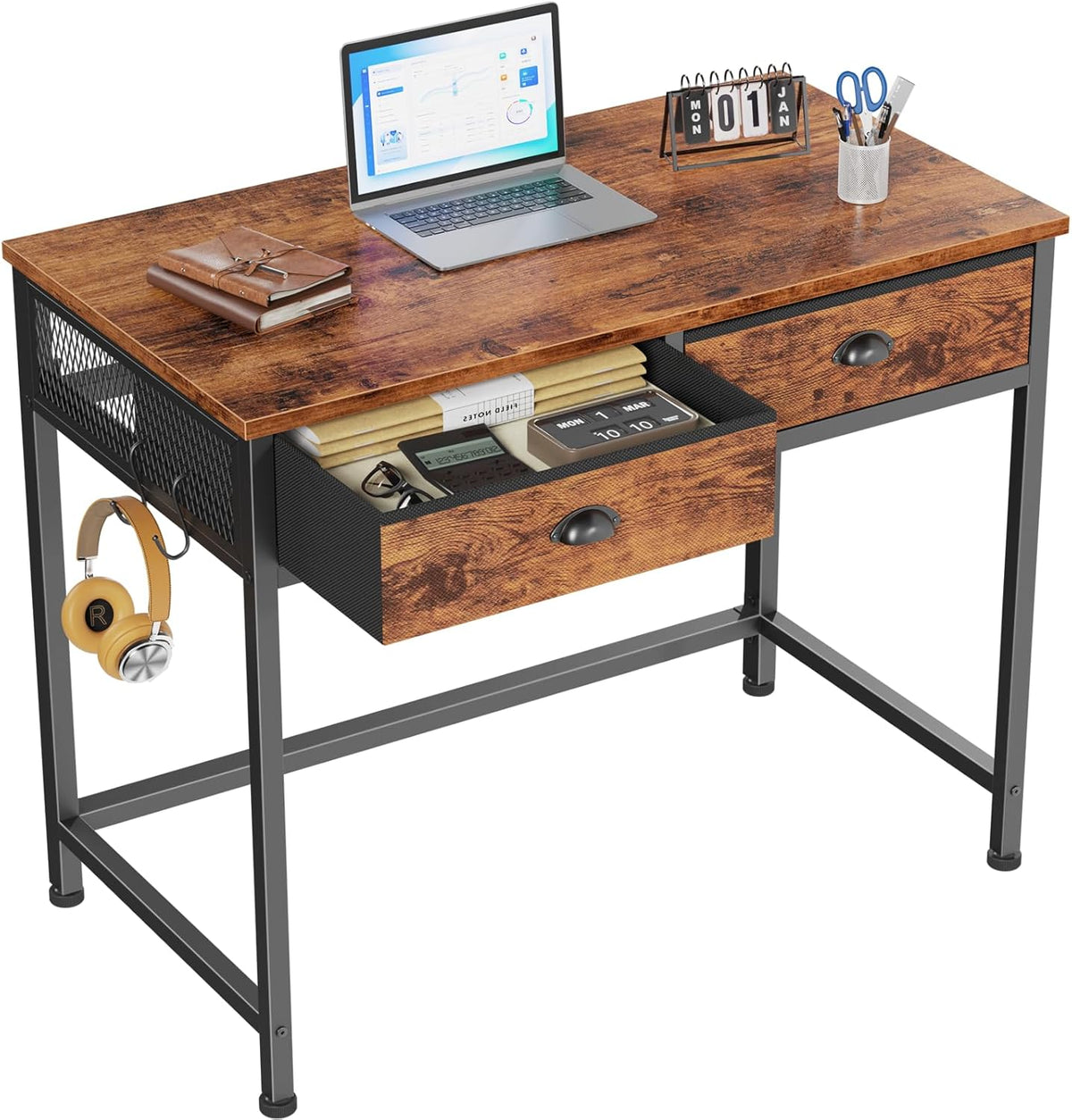 Furologee Small Computer Desk with 2 Fabric Drawers for Bedroom,34 Inch Home Office Writing Desk, Vanity Desk with Hooks, Simple Study Desk for Small