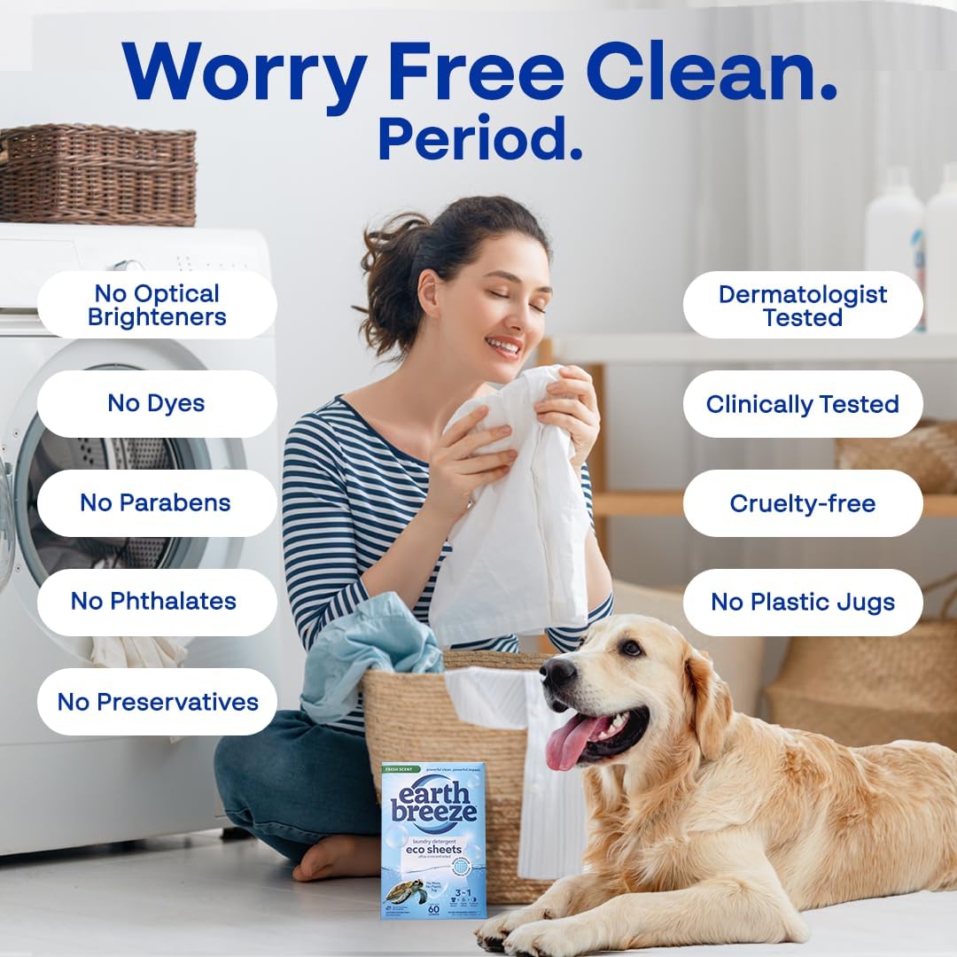 Earth Breeze Laundry Detergent Sheets Fresh Scent - 60 Loads Eco Liquidless Soap - Travel-Friendly for Hot & Cold Cycles, Tackles Tough Stains