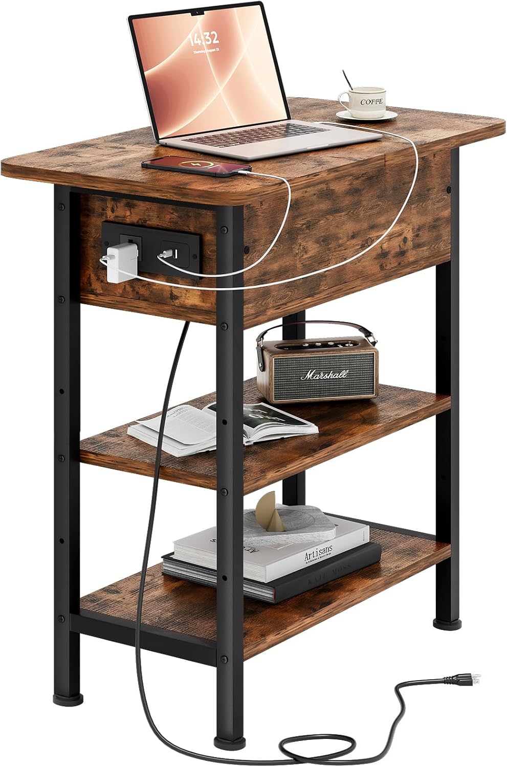 End Table with Charging Station, Flip Top Side Table with USB Ports and Outlets, 3-Tier Small Side Table with Storage for Small Space, End Tables for