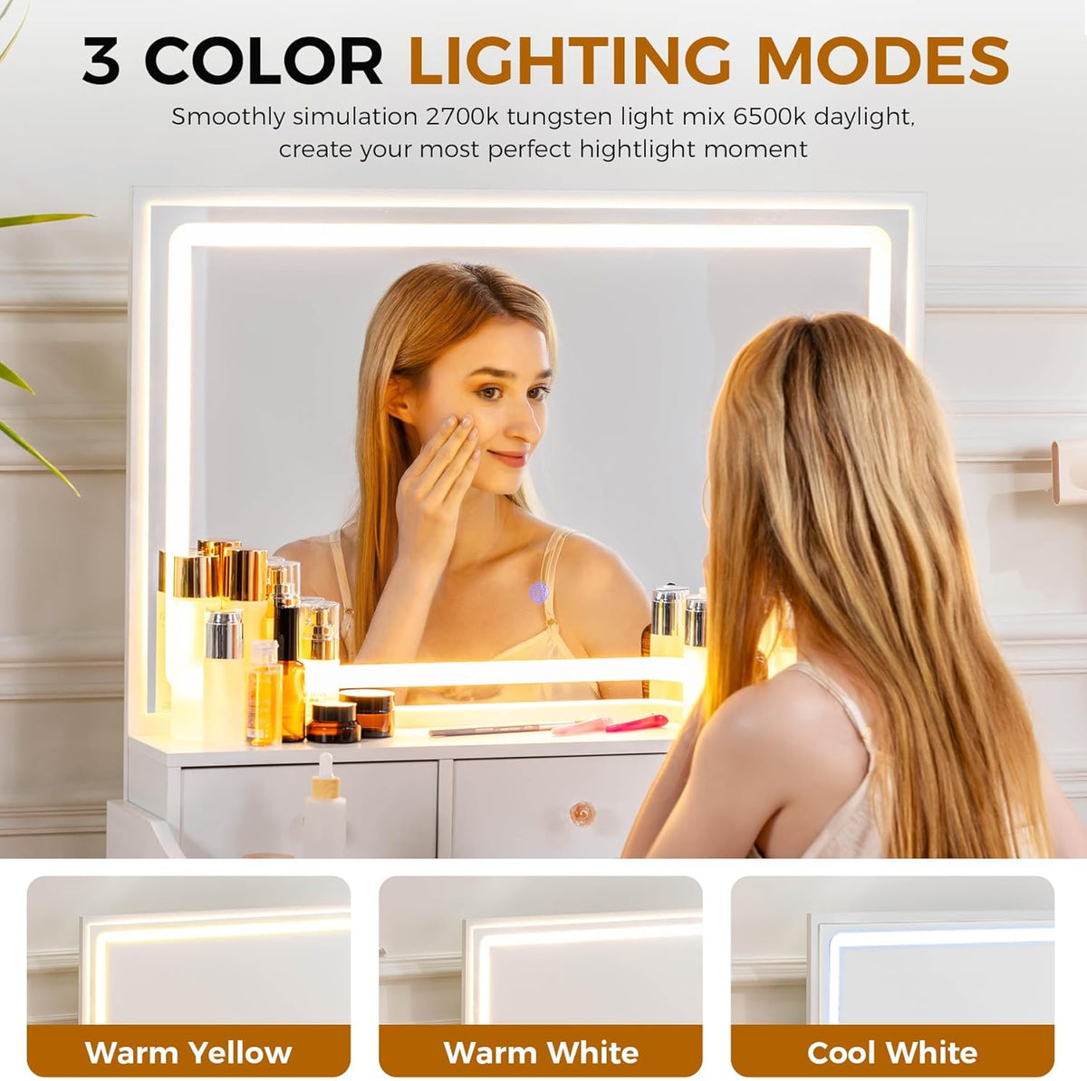COMHOMA Makeup Vanity Desk with Mirror and Lights, Vanity Table and Chair Set with 5 Drawers and Charging Station, Bedroom Dresser LED Mirror
