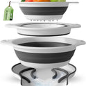 Collapsible Colanders (3 Pack Set) Food Strainers with Over-Sink Water Draining Base for Pasta Fruits and Vegetables (Patent Pending) White (3 Sizes