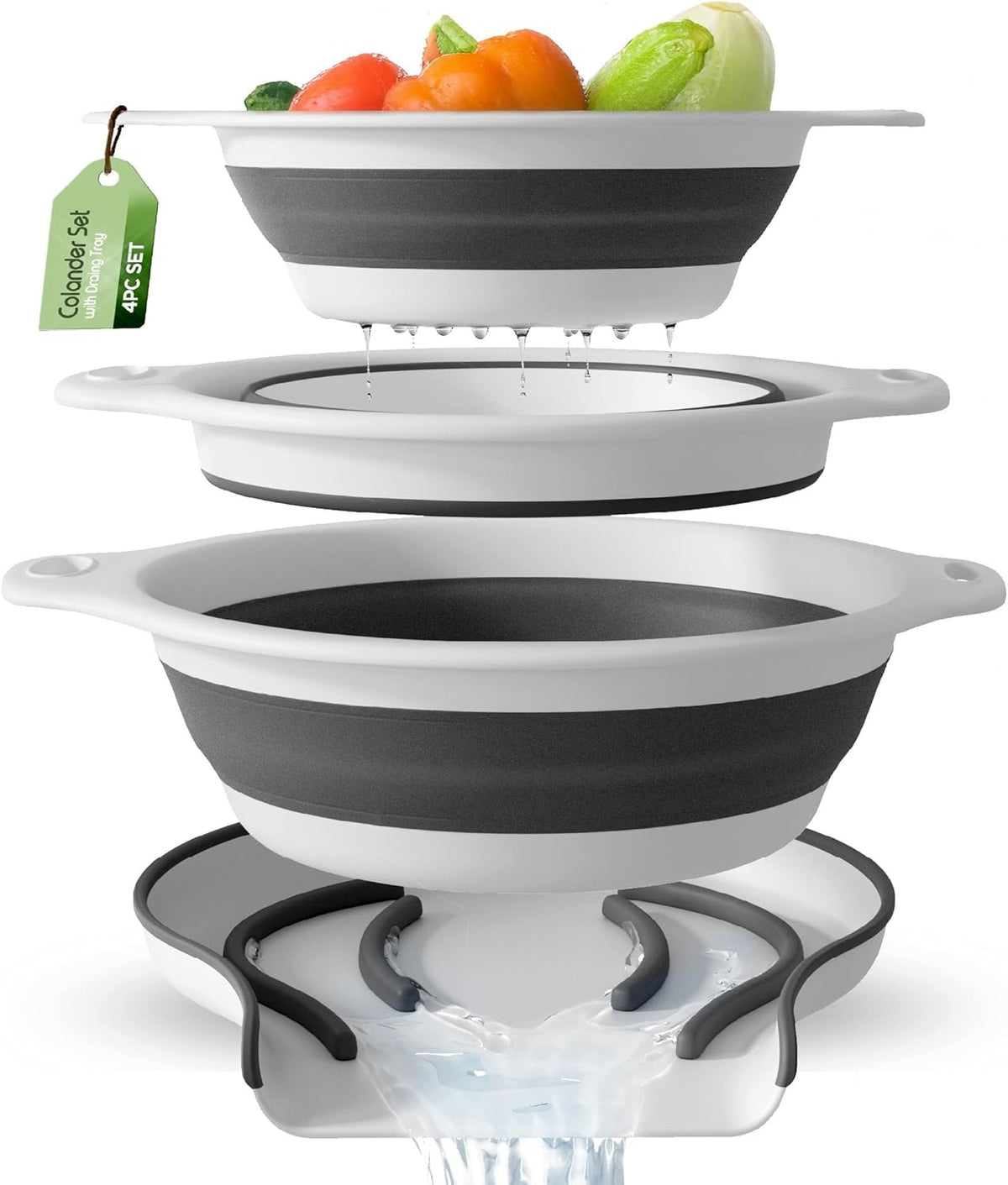 Collapsible Colanders (3 Pack Set) Food Strainers with Over-Sink Water Draining Base for Pasta Fruits and Vegetables (Patent Pending) White (3 Sizes