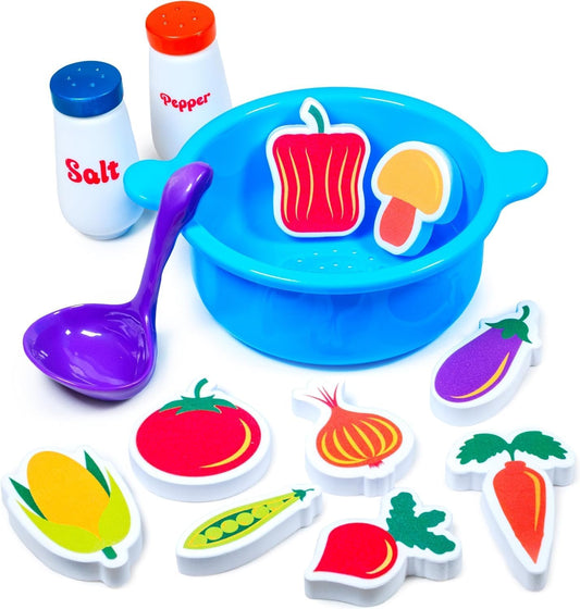 Tub Works® Tub Soup™ Scoop, Strain & Play Toddler Bath Toy | Floating Foam Veggies, Ladle for Scooping & Soup Pot for Straining | Pretend Play