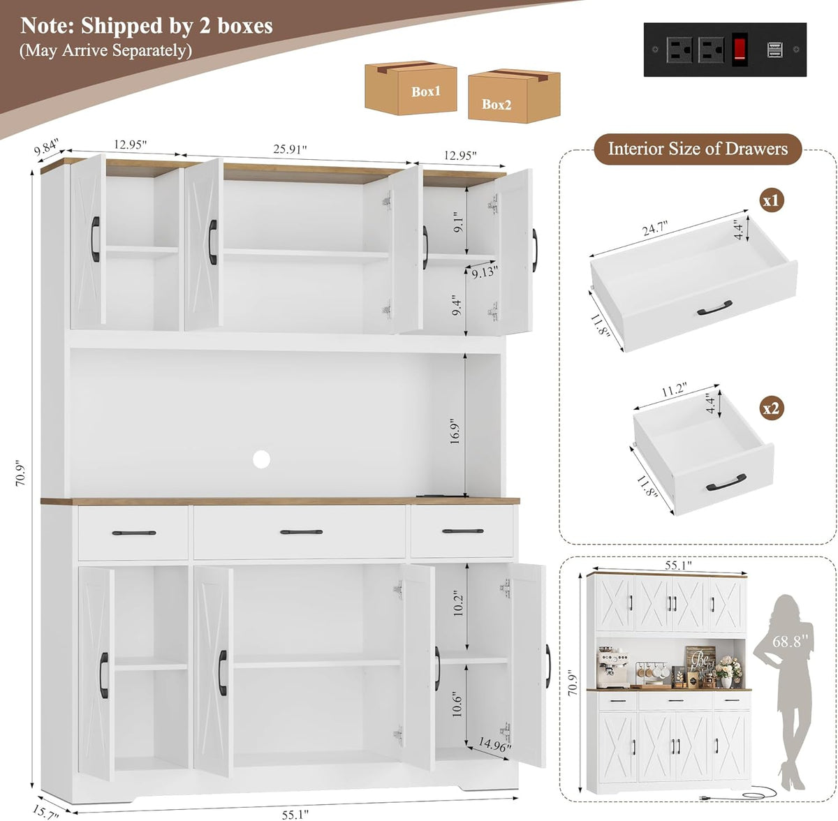 HOSTACK 71" Tall Kitchen Pantry Storage Cabinet with Charging Station, 55" Wide Kitchen Hutch Cabinet with Large Countertop, Farmhouse Food Pantry