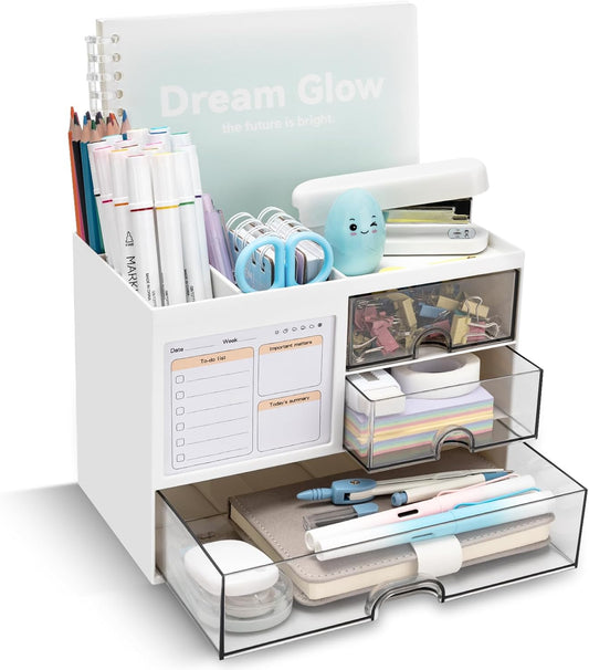 Desk Organizer with 3 Drawer, Multi-Functional Pencil Pen Holder for Desk, Desk Organizers and Storage with 8 Compartments, Desktop Organizer for