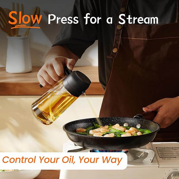TrendPlain 16oz/470ml Glass Olive Oil Sprayer for Cooking – 2 in 1 Olive Oil Dispenser Bottle for Kitchen Gadgets and Air Fryer Accessories, Salad