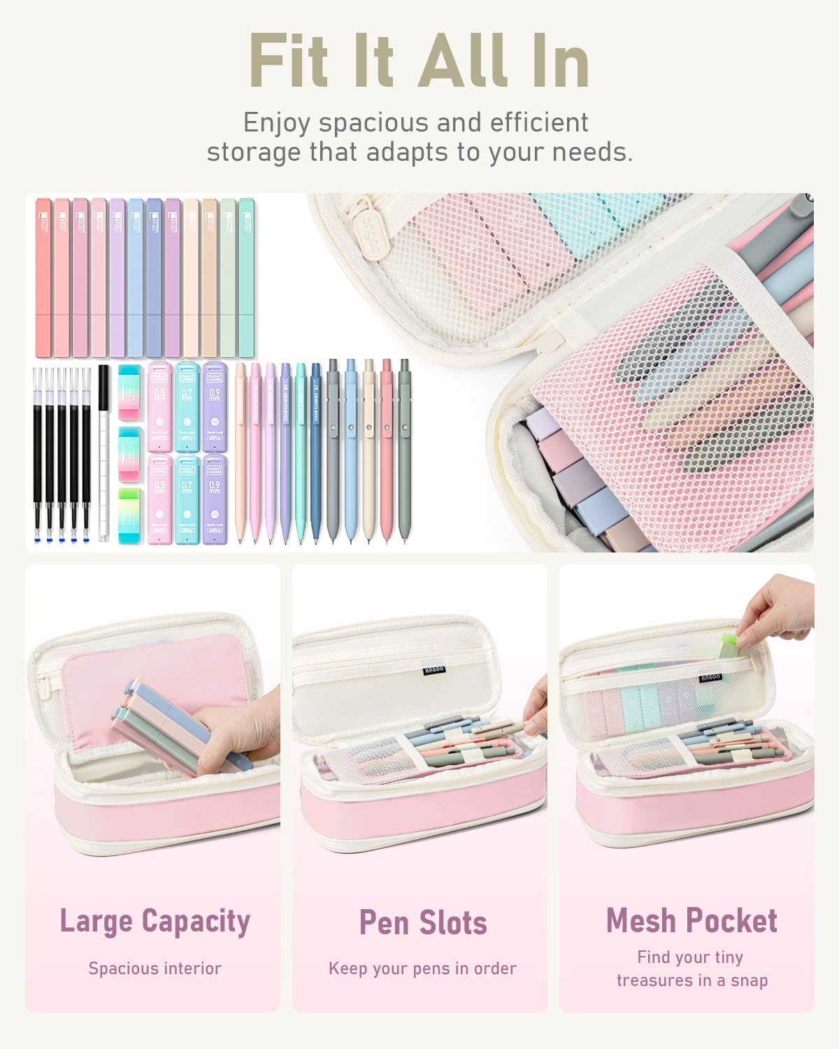 Four Candies 39 PCS Aesthetic School Supplies with Cute Pen Case, 12 Pastel Highlighters, 5 Black Ink Gel Pens, 6 Mechanical Pencils Set for Students