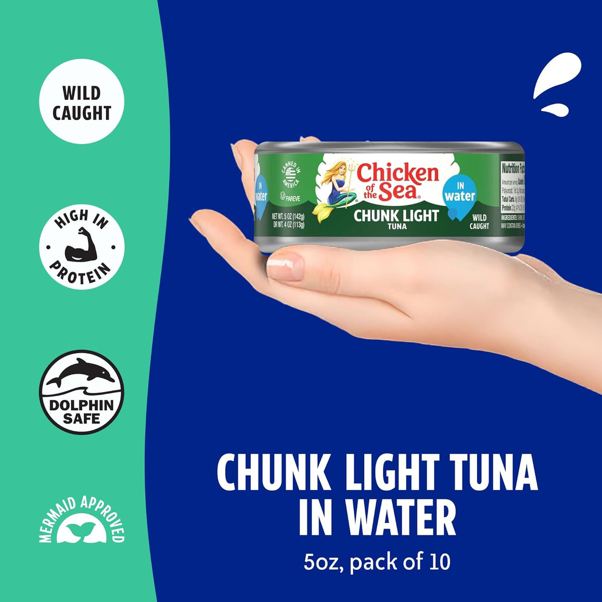 Chicken of the Sea Wild Caught Chunk Light Tuna, 5 Ounce Cans, 10-Count – High Protein 100% Classic Chunk Tuna in Water – Delicious, Easy, Nutritious