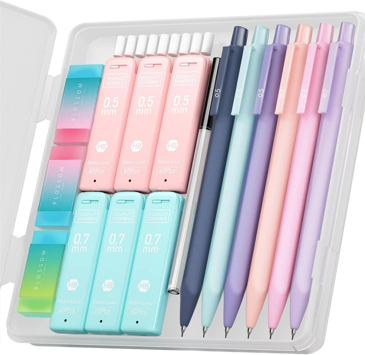 Four Candies Cute Mechanical Pencil Set, 6PCS Pastel Mechanical Pencils 0.5 & 0.7mm with 360PCS HB Leads, 3PCS Erasers and 9PCS Eraser Refills