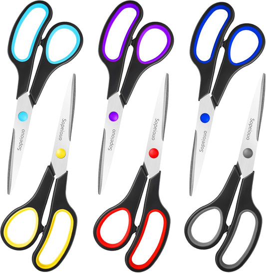 Scissors Set of 6-Pack, 8" Scissors All Purpose Comfort-Grip Handles, Sharp Scissor for Office Home School Craft Sewing Fabric Supplies, High/Middle