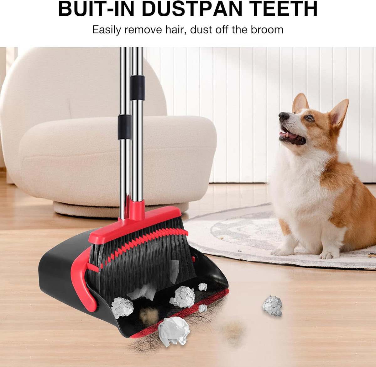 NACENA Broom and Dustpan Set, 52-in Long Adjustable Handle Broom Dustpan Combo with Dustpan Teeth to Automatically Clean Hair Suitable for Home