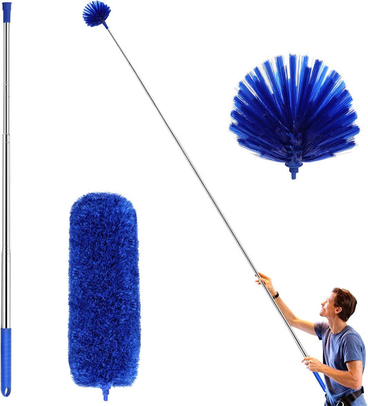 Cobweb Duster with Extension Pole, Washable Cleaning Duster Kit with 2 Duster Heads, Cobweb Duster, Corner Brush, Aluminum Telescoping Pole for