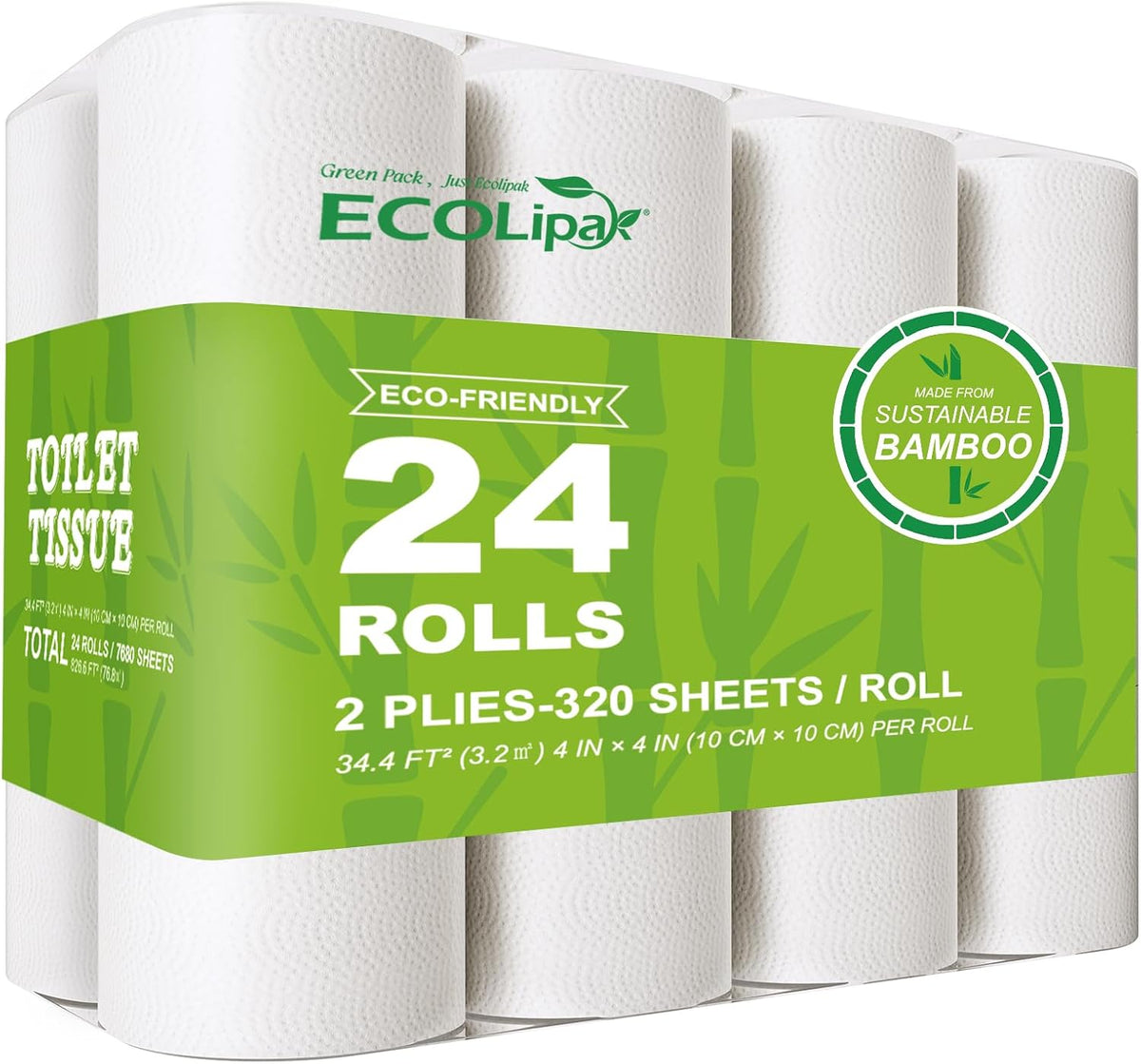 ECOLipak Bamboo Toilet Paper, Septic Safe Toilet Tissue, 24 Double Rolls, 320 Sheets Per Roll, Tree Free, Non Toxic, 2 Ply, Soft and Absorbent, Eco