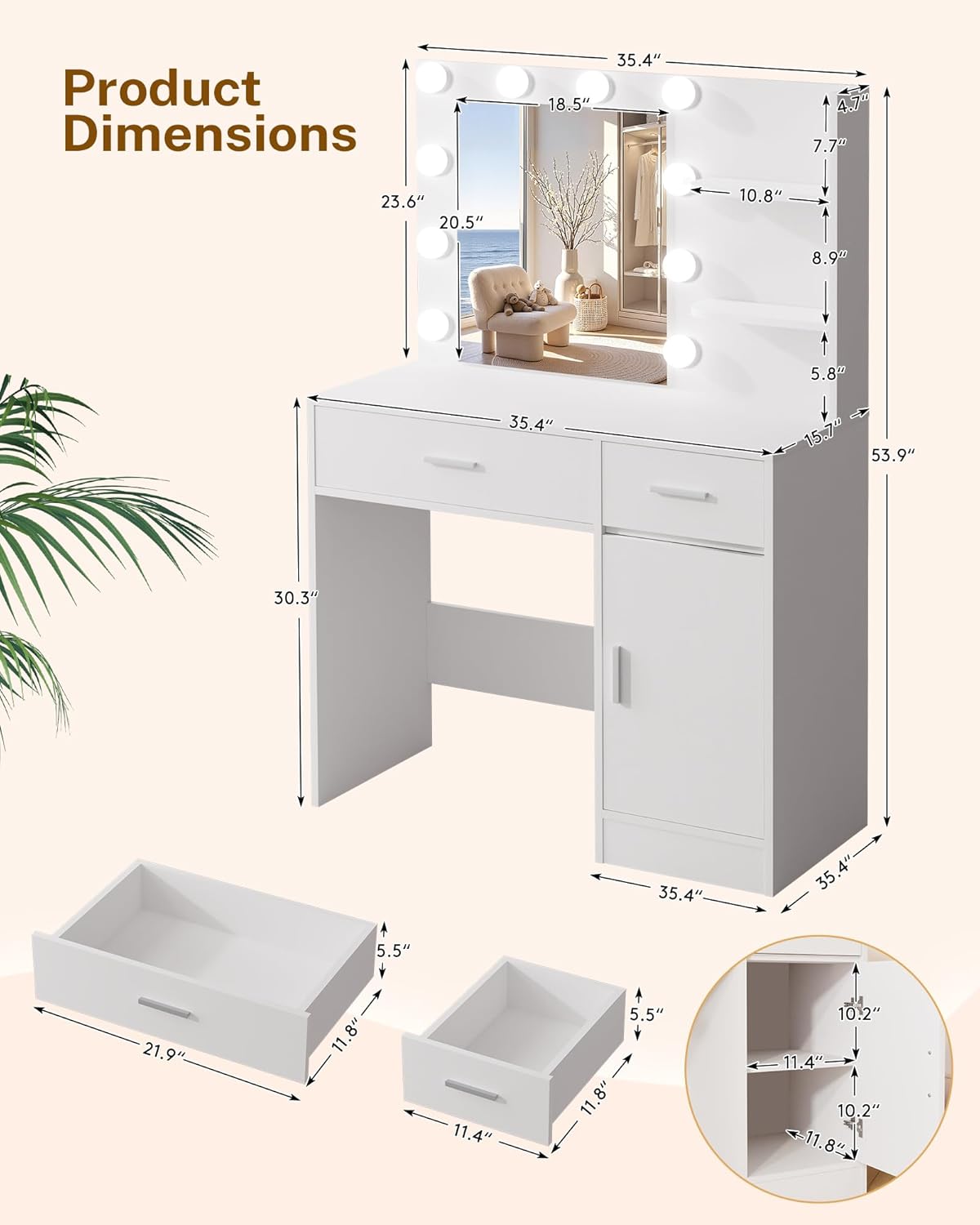 Lighted Makeup Vanity Desk, 35.4“W x 15.7'”D x 54“H, White (with Lights and Mirror, Dimming Function, 2 Drawers and 1 Cabiniet, Open Shelves) by