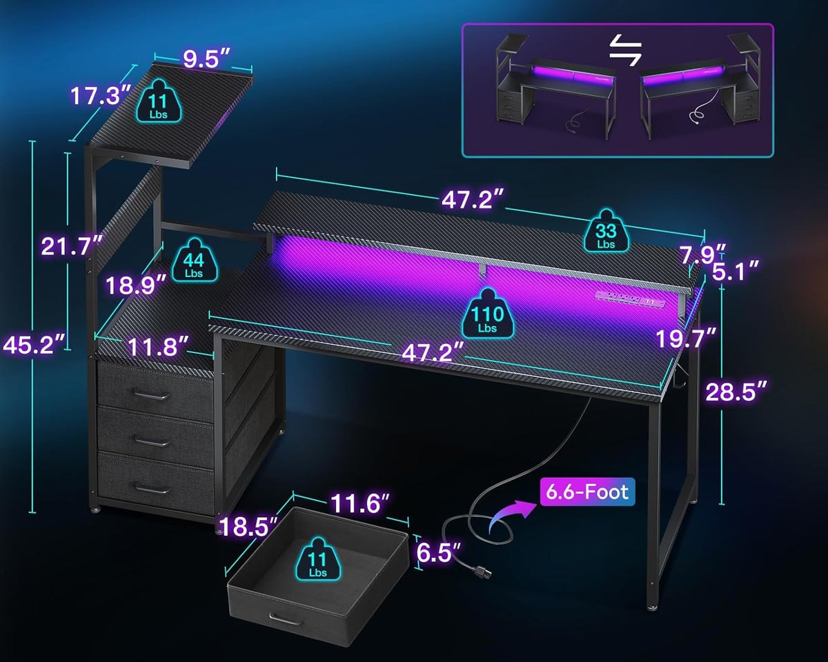 AODK 59 Inch Gaming Desk with USB Charging Ports & LED Light- Reversible Computer Desk with Storage Shelves & Monitor Stand, Modern Gamer Desk Table
