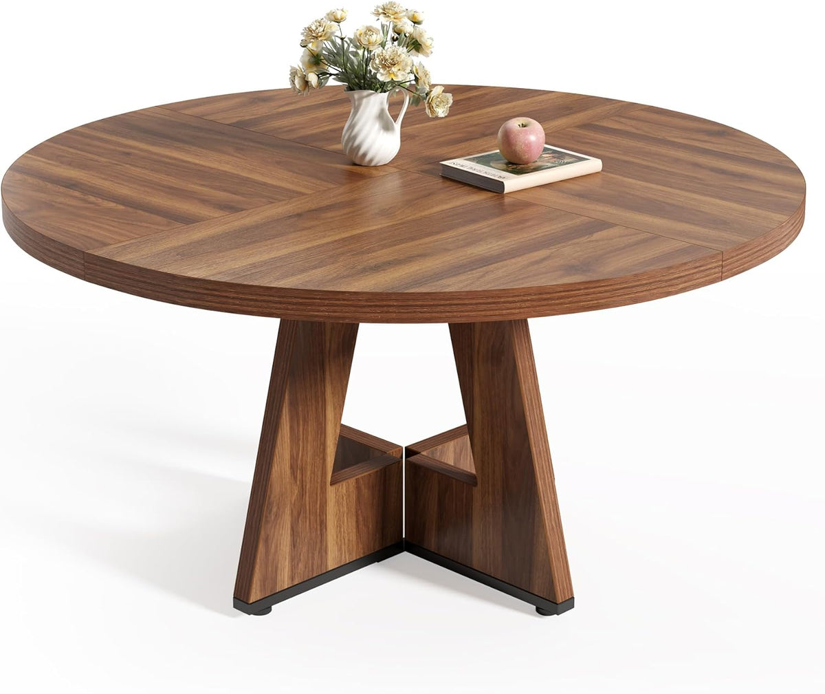 LITTLE TREE Round Dining Table for 4-6 People, 47 Inches Dining Room Table with Wooden Pedestal Base, Brown Dinner Tables, Circle Kitchen Tables for