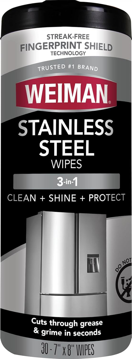Weiman Stainless Steel Cleaner, 30 Count Cleaning Wipes, Removes Dirt, Grime, and Grease, No Streaks or Residue, Stainless Steel Polish for a